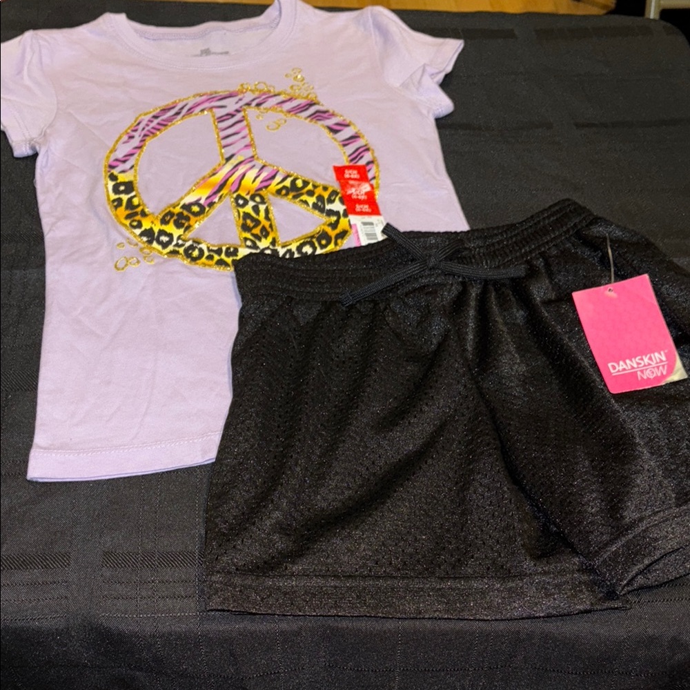 Danskin Now Black Shorts and lilac Peace Sign T-Shirt Set 6-6x